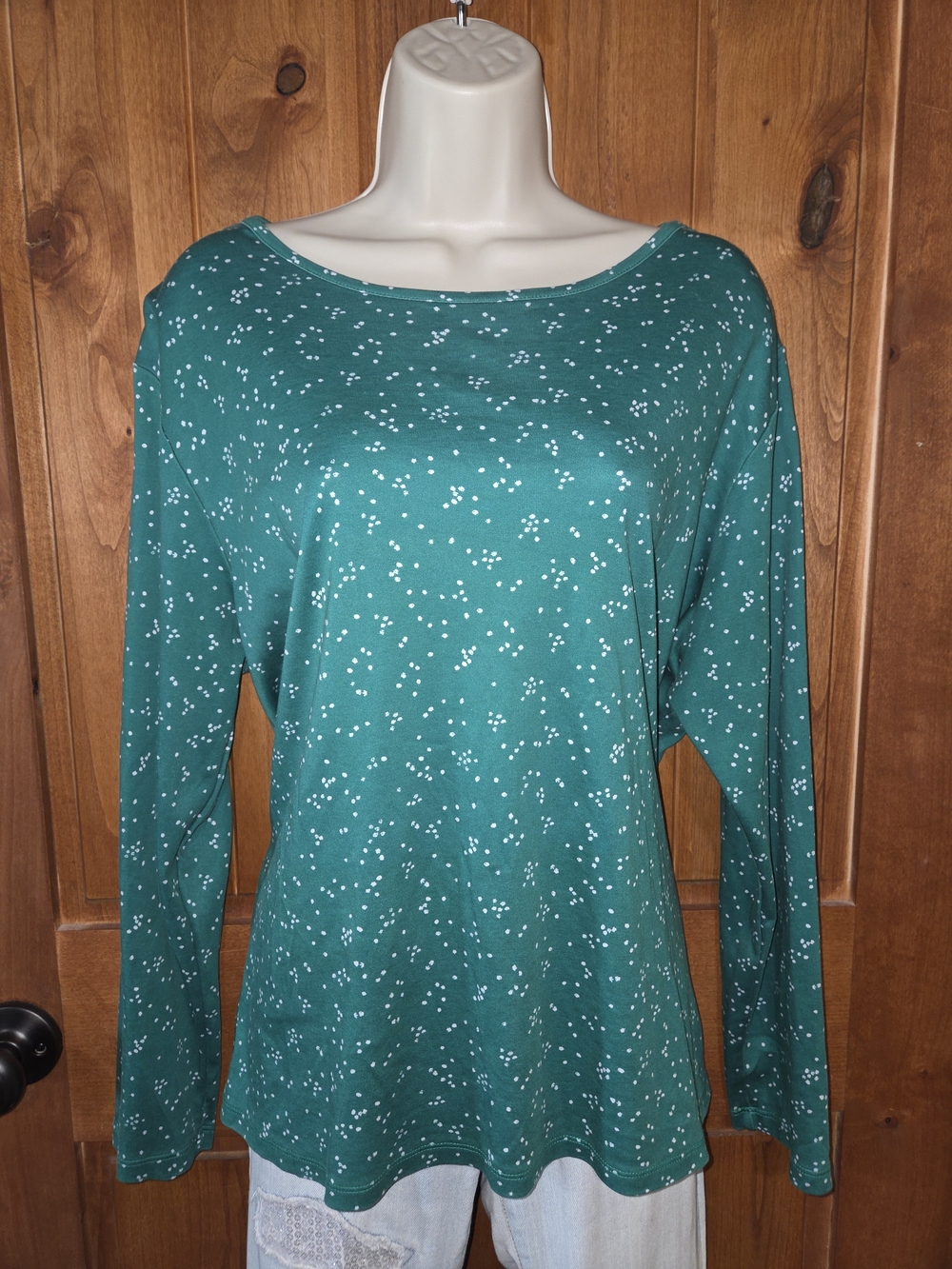 L.L. Bean Teal Long Sleeve Boatneck Top with White Dot Print